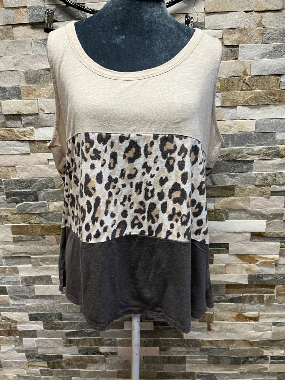 Denim 24/7 Beige Leopard & Black Colorblock Tank